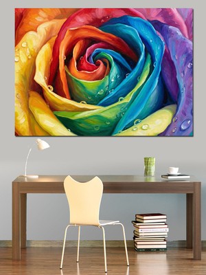 Karizma Tablo Gökkuşağı Renkli Büyük Gül Yakın Çekim Dekoratif Kanvas - Mdf Ahşap Tablo