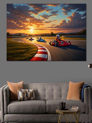 Karizma Tablo Gün Batımında Yarışan Kart Araçları Dekoratif Kanvas - Mdf Ahşap Tablo
