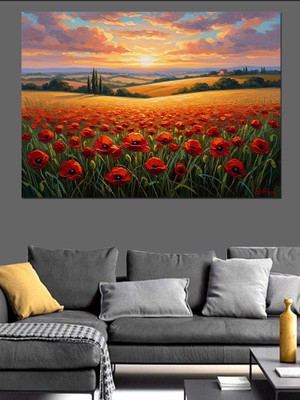 Karizma Tablo Gelincik Tarlasında Gün Batımı Manzarası Dekoratif Kanvas - Mdf Ahşap Tablo