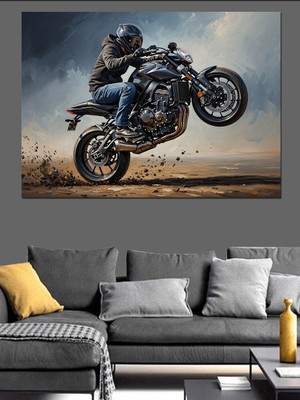 Karizma Tablo Tek Teker Üzerinde Motosiklet Akrobasisi Dekoratif Kanvas - Mdf Ahşap Tablo