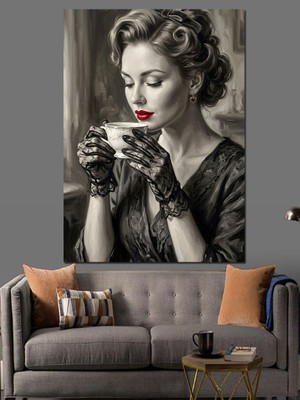 Karizma Tablo Klasik Şıklık Kahve Içen Kadın Dekoratif Kanvas - Mdf Ahşap Tablo