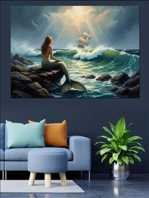 Karizma Tablo Deniz Kenarında Oturan Deniz Kızı Dekoratif Kanvas - Mdf Ahşap Tablo