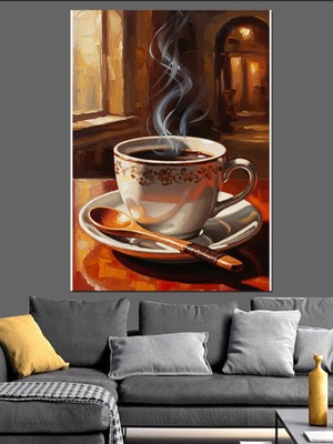 Karizma Tablo Buharı Üstünde Sıcak Beyaz Kahve Dekoratif Kanvas - Mdf Ahşap Tablo