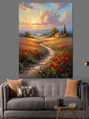 Karizma Tablo Gün Batımında Çiçekli Köy Yolu Dekoratif Kanvas - Mdf Ahşap Tablo