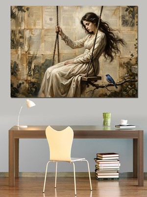 Karizma Tablo Salıncakta Sallanan Nostaljik Kadın Portresi Dekoratif Kanvas - Mdf Ahşap Tablo