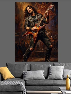 Karizma Tablo Sahnede Gitar Çalan Rock Sanatçısı Dekoratif Kanvas - Mdf Ahşap Tablo