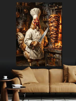 Karizma Tablo Döner Keserken Gülümseyen Horoz Aşçı Dekoratif Kanvas - Mdf Ahşap Tablo