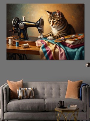 Karizma Tablo Dikiş Makinesinde Çalışan Tekir Kedi Dekoratif Kanvas - Mdf Ahşap Tablo
