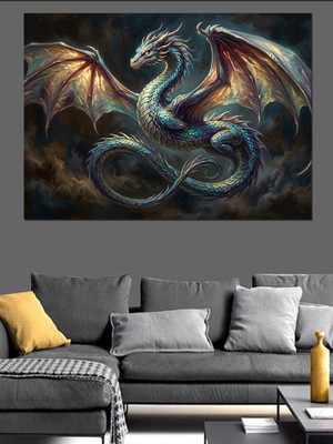 Karizma Tablo Altın Pullu ve Kanatlı Ejderha Dekoratif Kanvas - Mdf Ahşap Tablo