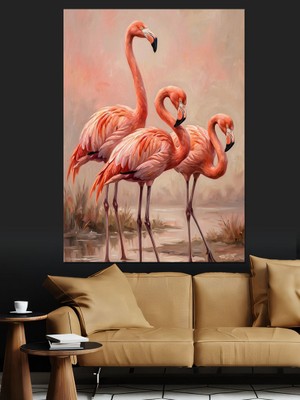 Karizma Tablo Üçlü Pembe Flamingo Doğa Tablosu Dekoratif Kanvas - Mdf Ahşap Tablo
