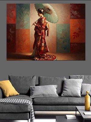 Karizma Tablo Geleneksel Kimonolu Japon Kadını Portresi Dekoratif Kanvas - Mdf Ahşap Tablo