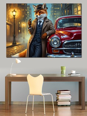 Karizma Tablo Klasik Araba ve Şık Tilki Dekoratif Kanvas - Mdf Ahşap Tablo