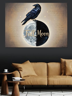 Karizma Tablo Dolunay Üzerinde Duran Siyah Kuzgun Dekoratif Kanvas - Mdf Ahşap Tablo