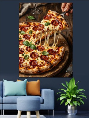 Karizma Tablo Uzayan Peynirli Lezzetli Pizza Dilimi Dekoratif Kanvas - Mdf Ahşap Tablo
