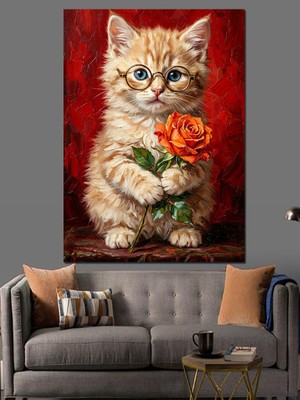 Karizma Tablo Çiçek Tutan Sevimli Yavru Kedi Dekoratif Kanvas - Mdf Ahşap Tablo