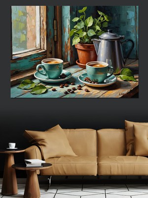 Karizma Tablo Pencere Önünde Kahve ve Bitki Dekoratif Kanvas - Mdf Ahşap Tablo