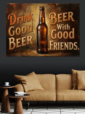 Karizma Tablo Bira ve Dostluk Retro Yazısı Dekoratif Kanvas - Mdf Ahşap Tablo