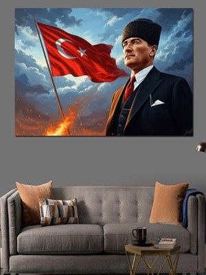 Karizma Tablo Türk Bayrağı ve Atatürk Portresi Dekoratif Kanvas - Mdf Ahşap Tablo