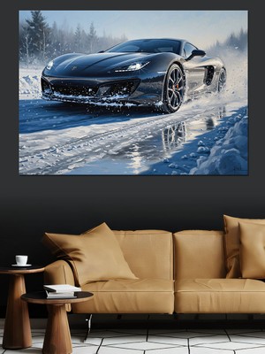 Karizma Tablo Karlı Yolda Ilerleyen Şık Spor Araba Dekoratif Kanvas - Mdf Ahşap Tablo