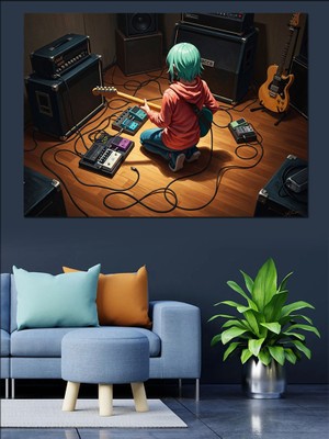 Karizma Tablo Stüdyoda Gitar Çalan Modern Genç Dekoratif Kanvas - Mdf Ahşap Tablo