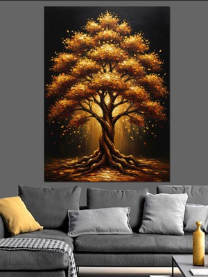 Karizma Tablo Altın Işıltılı Hayat Ağacı Tablosu Dekoratif Kanvas - Mdf Ahşap Tablo