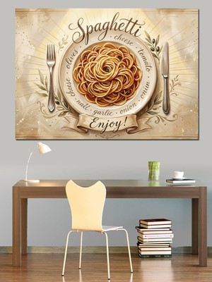 Karizma Tablo Spaghetti Mutfak Yazılı Tabak Görseli Dekoratif Kanvas - Mdf Ahşap Tablo