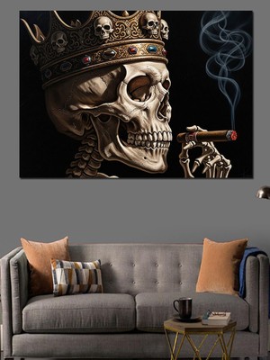Karizma Tablo Puro Içen Taçlı Kurukafa Kral Tablosu Dekoratif Kanvas - Mdf Ahşap Tablo