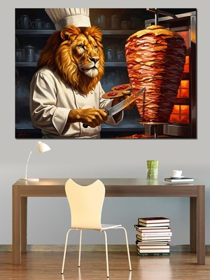 Karizma Tablo Mutfakta Döner Kesen Aslan Şef Dekoratif Kanvas - Mdf Ahşap Tablo