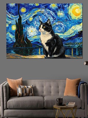 Karizma Tablo Yıldızlı Gece Tarzında Siyah Kedi Dekoratif Kanvas - Mdf Ahşap Tablo