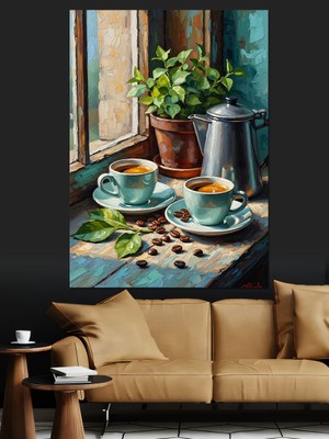 Karizma Tablo Pencere Önünde Kahve ve Çay Dekoratif Kanvas - Mdf Ahşap Tablo