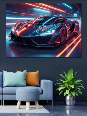 Karizma Tablo Pistte Işık Saçan Spor Araba Dekoratif Kanvas - Mdf Ahşap Tablo