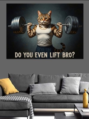 Karizma Tablo Spor Yapan Kaslı Karizmatik Kedi Dekoratif Kanvas - Mdf Ahşap Tablo