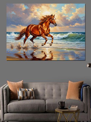 Karizma Tablo Deniz Kıyısında Şahlanan Kahverengi At Dekoratif Kanvas - Mdf Ahşap Tablo