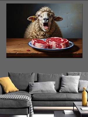 Karizma Tablo Tabakta Et Bekleyen Komik Kuzu Dekoratif Kanvas - Mdf Ahşap Tablo