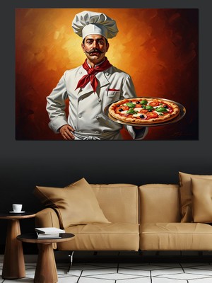 Karizma Tablo Elinde Pizza Tutan Şef Aşçı Dekoratif Kanvas - Mdf Ahşap Tablo