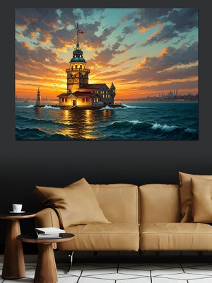 Karizma Tablo Gün Batarken Istanbul Kız Kulesi Dekoratif Kanvas - Mdf Ahşap Tablo