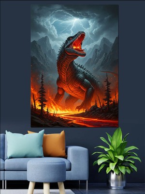 Karizma Tablo Püsküren Yanardağ ve Kükreyen Dinozor Dekoratif Kanvas - Mdf Ahşap Tablo