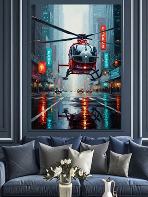 Karizma Tablo Gece Şehrinde Uçan Kırmızı Helikopter Dekoratif Kanvas - Mdf Ahşap Tablo