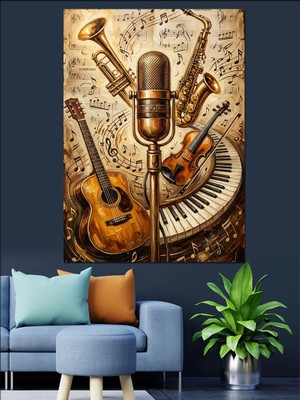 Karizma Tablo Müzik Notaları ve Eski Mikrofon Dekoratif Kanvas - Mdf Ahşap Tablo