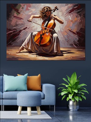 Karizma Tablo Çello Çalan Sanatsal Kadın Müzisyen Dekoratif Kanvas - Mdf Ahşap Tablo