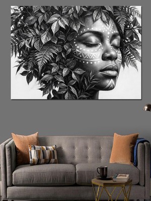 Karizma Tablo Yapraklarla Kaplanmış Kadın Yüzü Portresi Dekoratif Kanvas - Mdf Ahşap Tablo