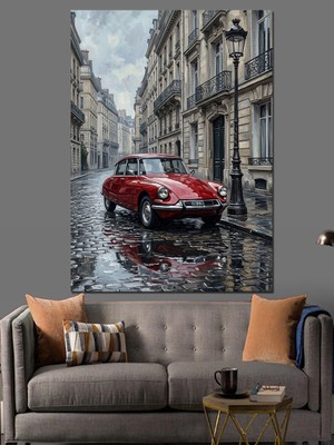 Karizma Tablo Yağmurlu Paris Caddesinde Kırmızı Araba Dekoratif Kanvas - Mdf Ahşap Tablo