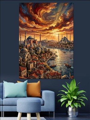 Karizma Tablo Gece Vakti Işıklı Istanbul Boğazı Dekoratif Kanvas - Mdf Ahşap Tablo