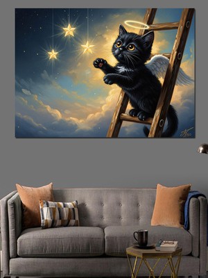Karizma Tablo Bulutlar Üzerinde Merdivende Kara Kedi Dekoratif Kanvas - Mdf Ahşap Tablo