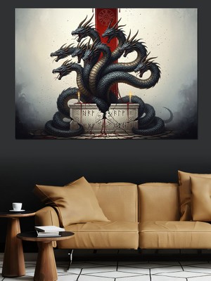 Karizma Tablo Siyah Ejderhalar ve Sürreal Simge Dekoratif Kanvas - Mdf Ahşap Tablo