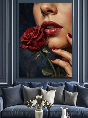 Karizma Tablo Kırmızı Gül ve Kadın Dudakları Dekoratif Kanvas - Mdf Ahşap Tablo