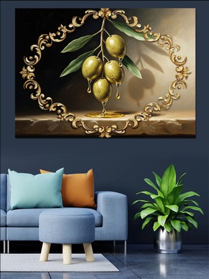 Karizma Tablo Altın Çerçeve Içinde Yeşil Zeytinler Dekoratif Kanvas - Mdf Ahşap Tablo