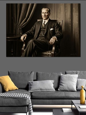 Karizma Tablo Masasında Oturan Ciddi Atatürk Portresi Dekoratif Kanvas - Mdf Ahşap Tablo