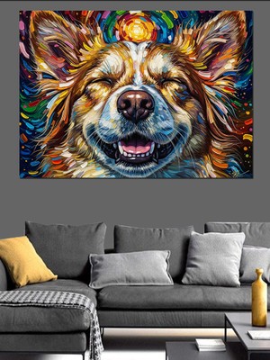 Karizma Tablo Gülümseyen Renkli Tüylü Köpek Portresi Dekoratif Kanvas - Mdf Ahşap Tablo