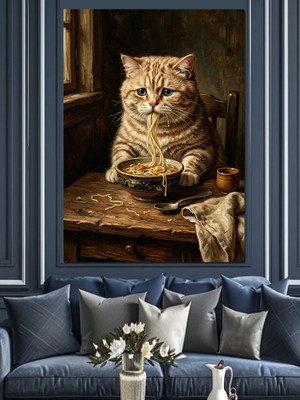 Karizma Tablo Masada Makarna Yiyen Sarman Kedi Dekoratif Kanvas - Mdf Ahşap Tablo